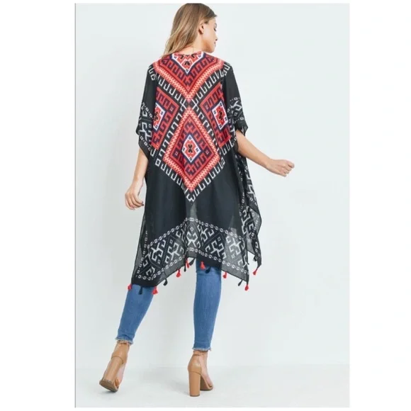 SALE! ๐ One Size Boho Summer Kimono Black & Red Pattern with Tassels โฎ๏ธ - Picture 3 of 6